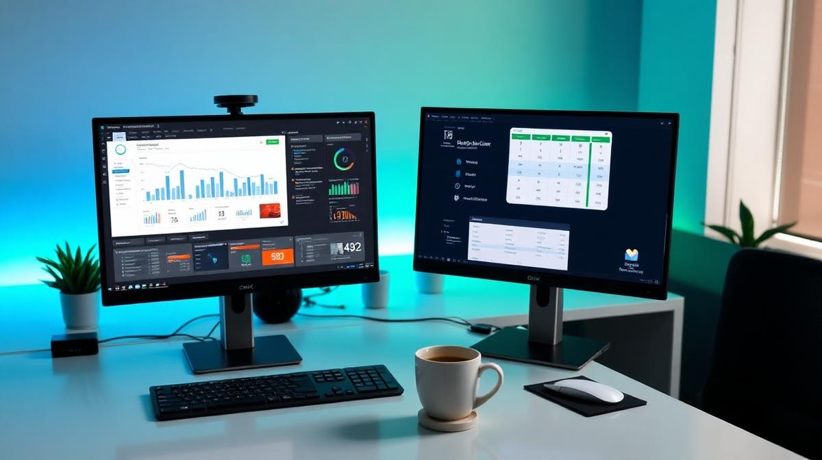 Equipment finance broker workspace with CRM dashboard and financial calculator on dual monitors
