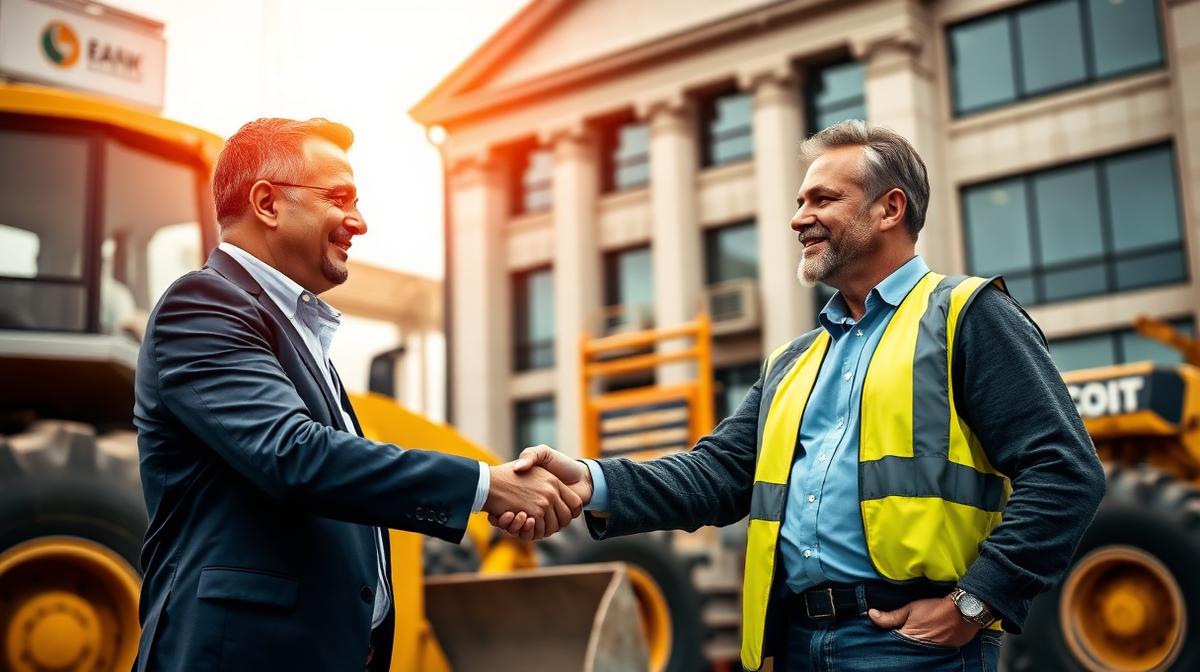 Equipment finance broker shaking hands with a business owner in front of construction equipment with a traditional bank building in the background