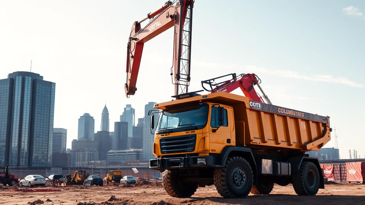 Construction excavator and dump truck at Columbus Ohio development site