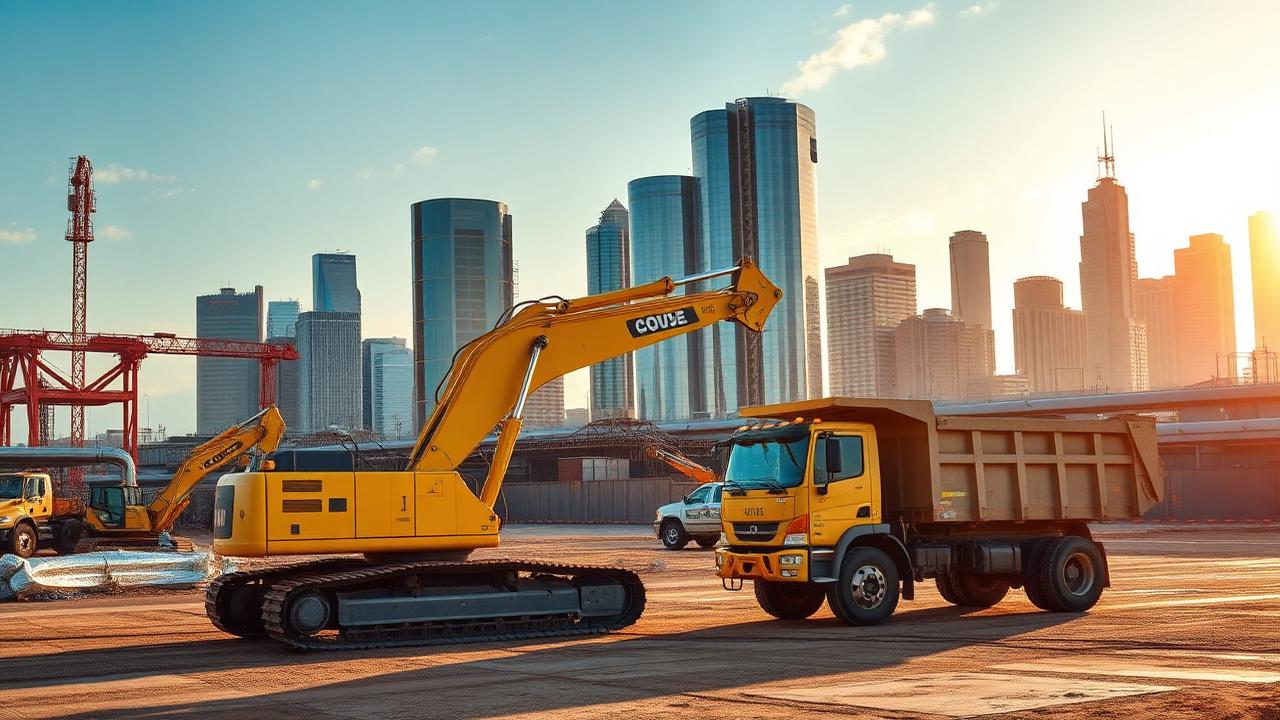 Heavy construction equipment and trucks at Houston Texas job site