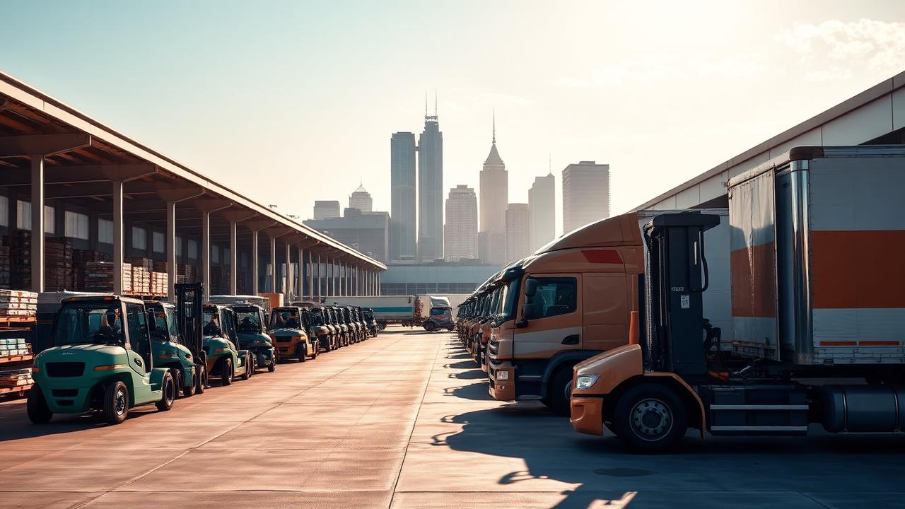 Forklifts and semi trucks at Indianapolis Indiana logistics hub
