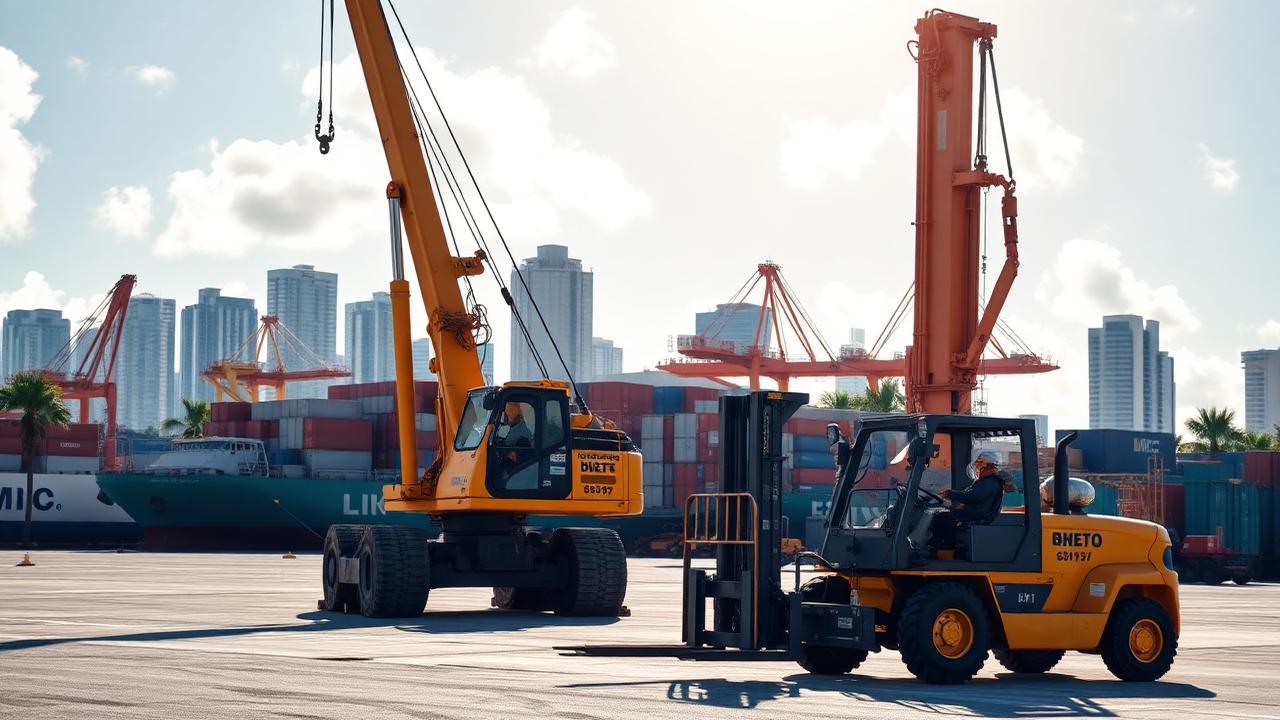 Heavy construction equipment and cranes at Miami Florida port