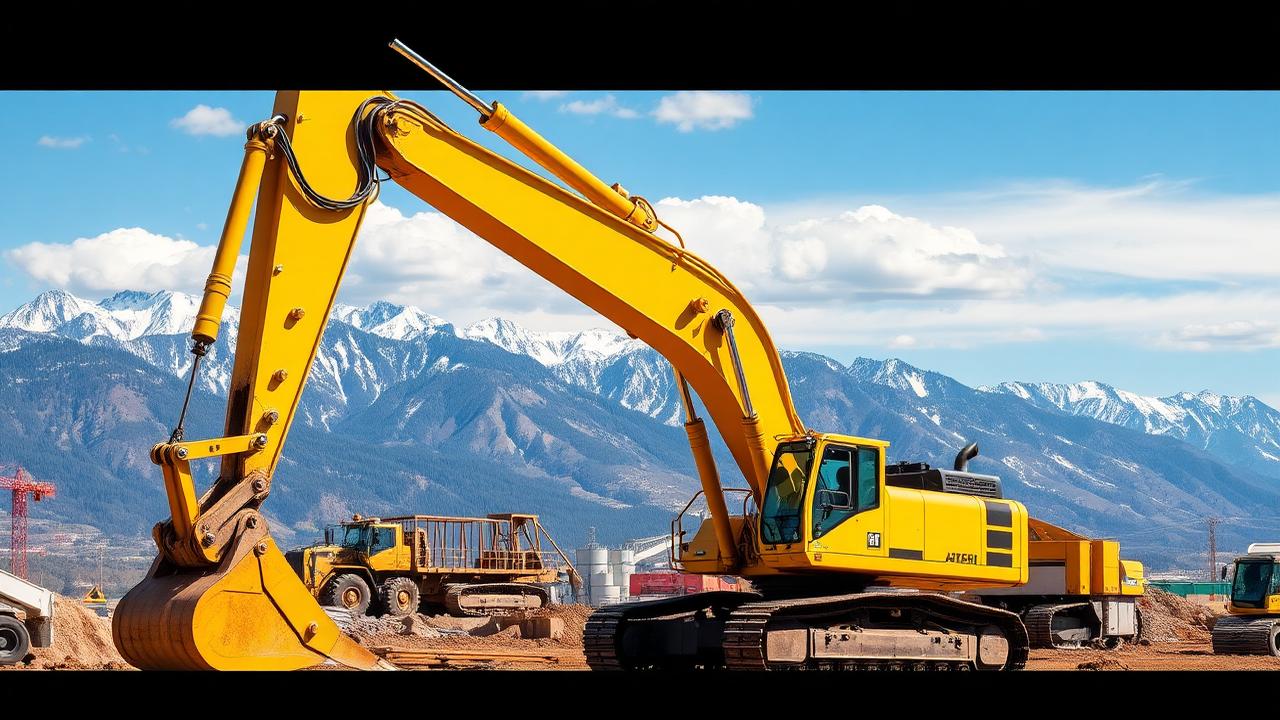 Yellow excavator with Wasatch mountains at Salt Lake City Utah site