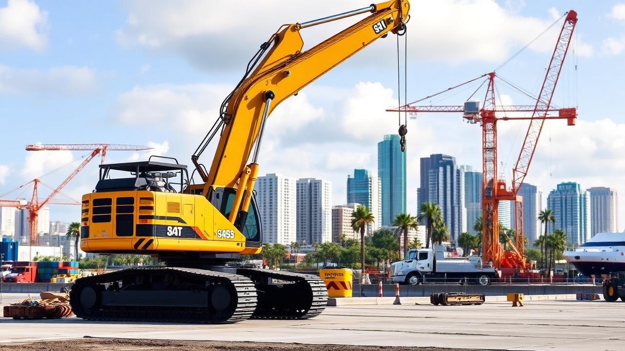 Yellow excavator and crane at Tampa Florida port construction site