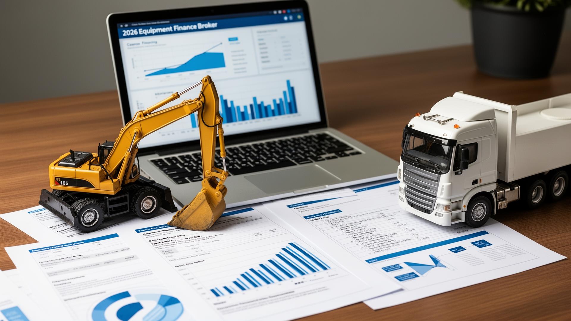 Desk with equipment finance reports, excavator model, and truck model for broker article